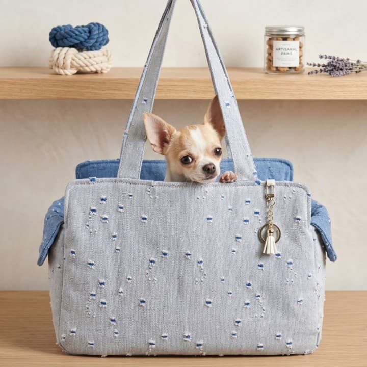 Denim Blue Tote Borsa Trasporto Cane - Cuscino Estraibile Gancio Sicurezza