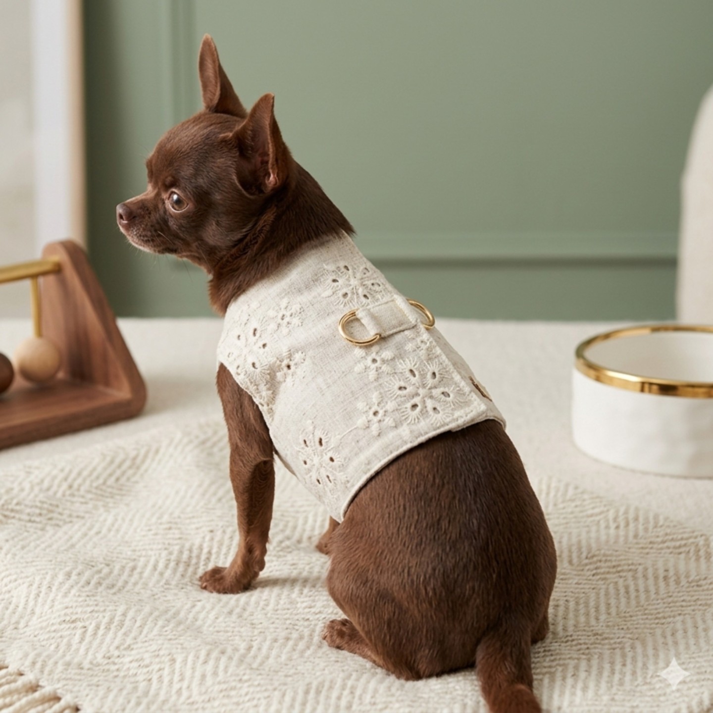 Pettorina Lino Ricamata Cane | Traspirante Velcro Anelli Dorati