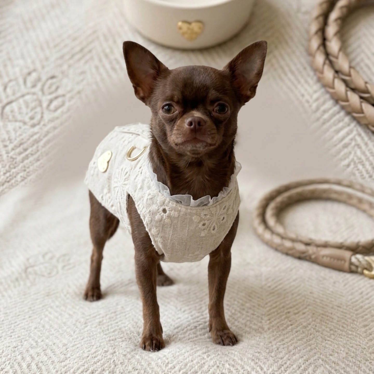 Pettorina Lino Ricamata Cane | Traspirante Velcro Anelli Dorati