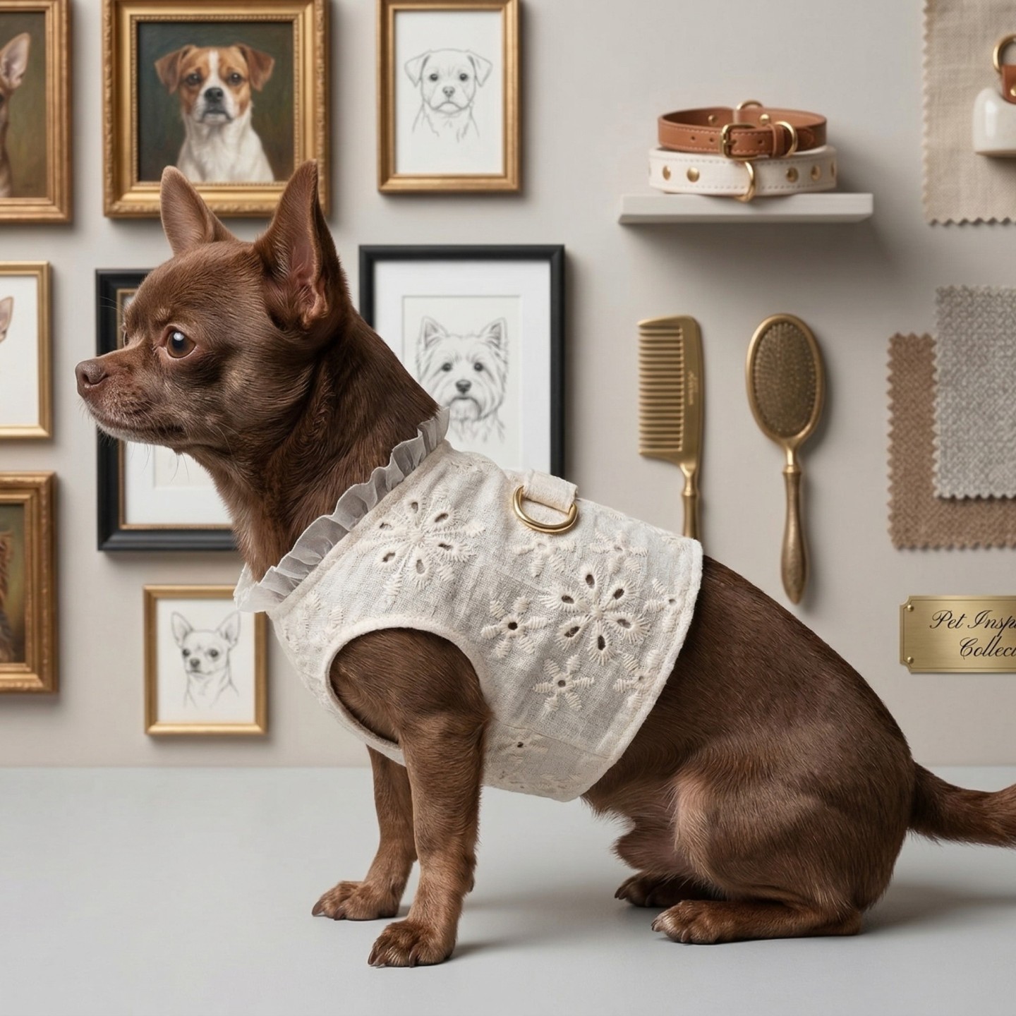 Pettorina Lino Ricamata Cane | Traspirante Velcro Anelli Dorati