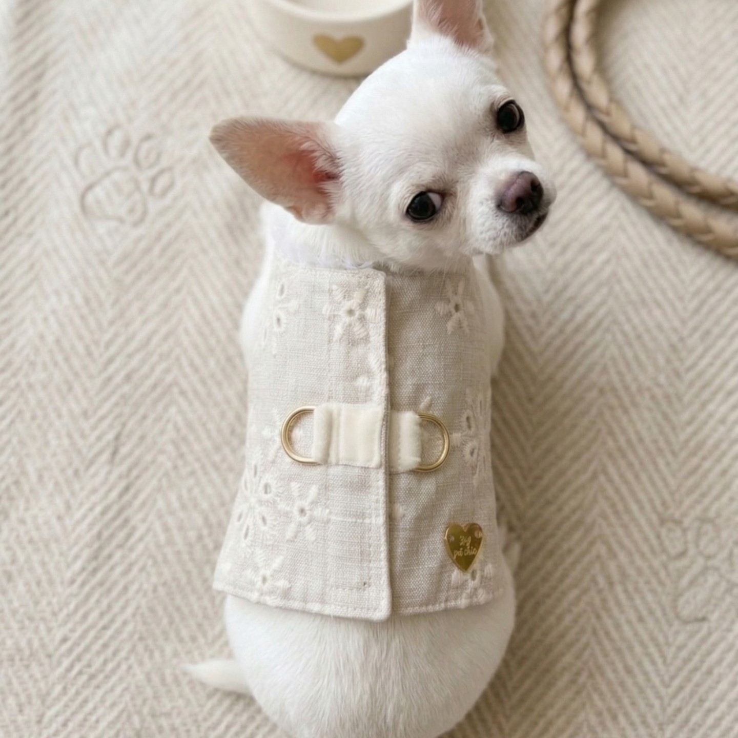 Pettorina Lino Ricamata Cane | Traspirante Velcro Anelli Dorati