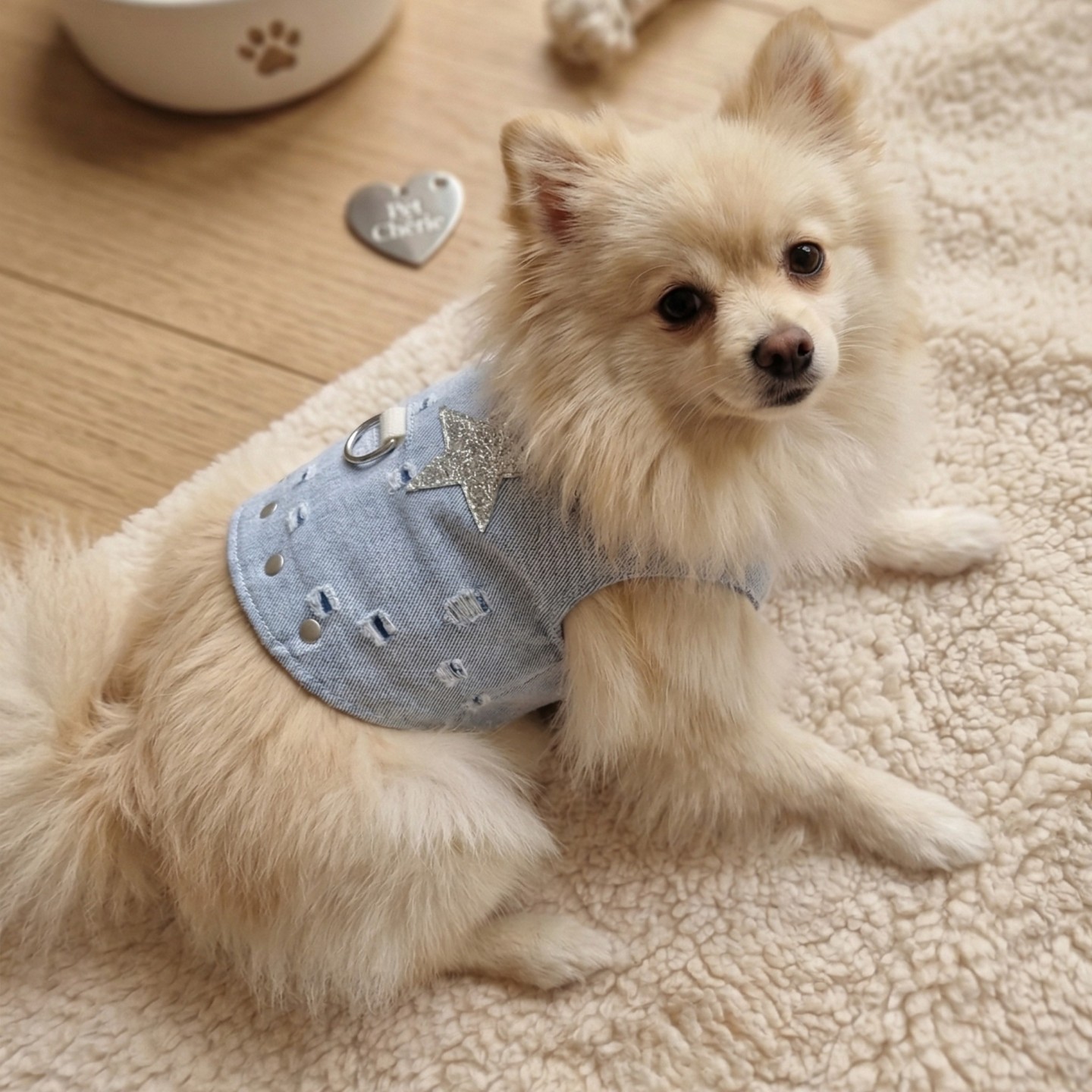 Pettorina Denim Blu Rock Cane | Glitter Borchiette Velcro Argento