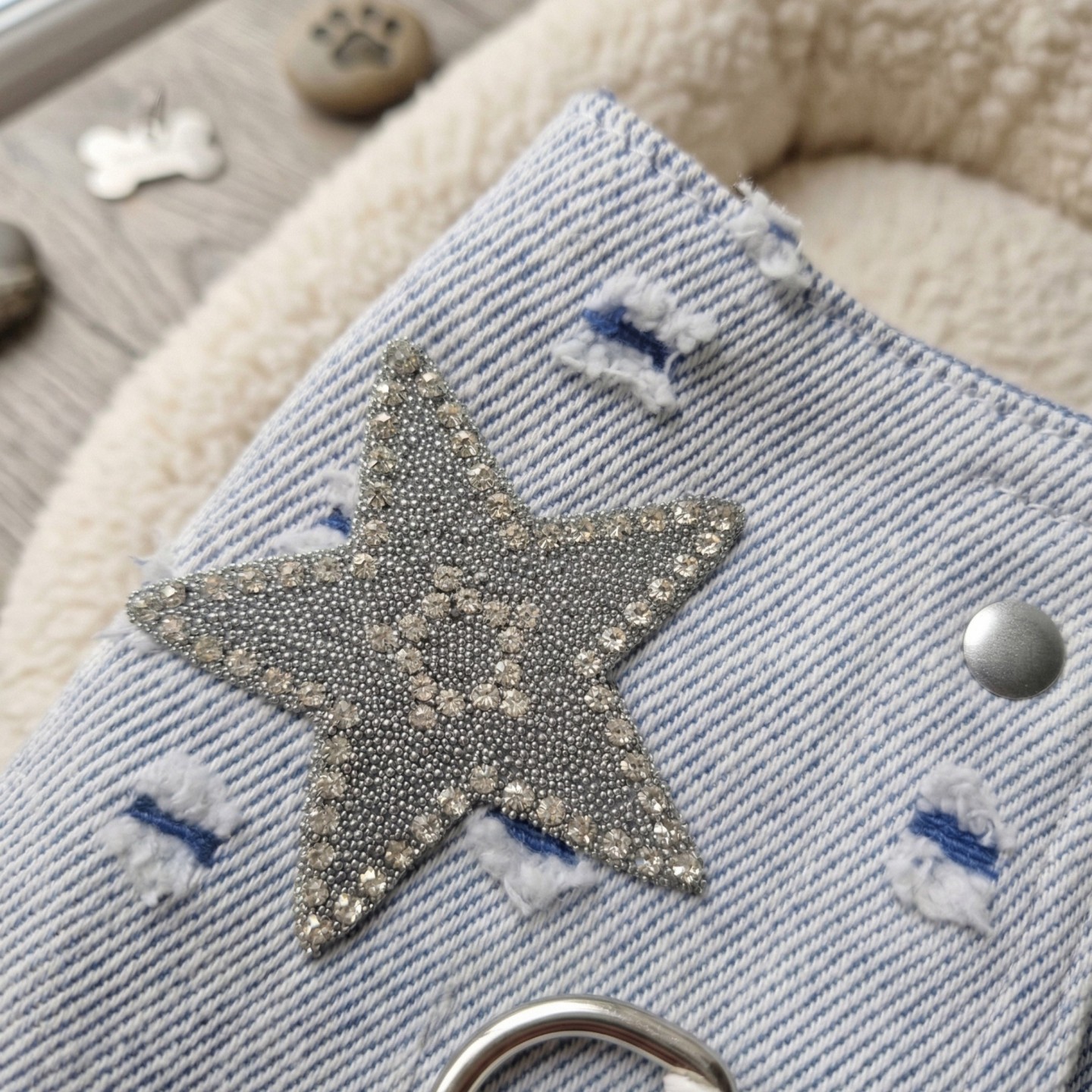 Pettorina Denim Blu Rock Cane | Glitter Borchiette Velcro Argento
