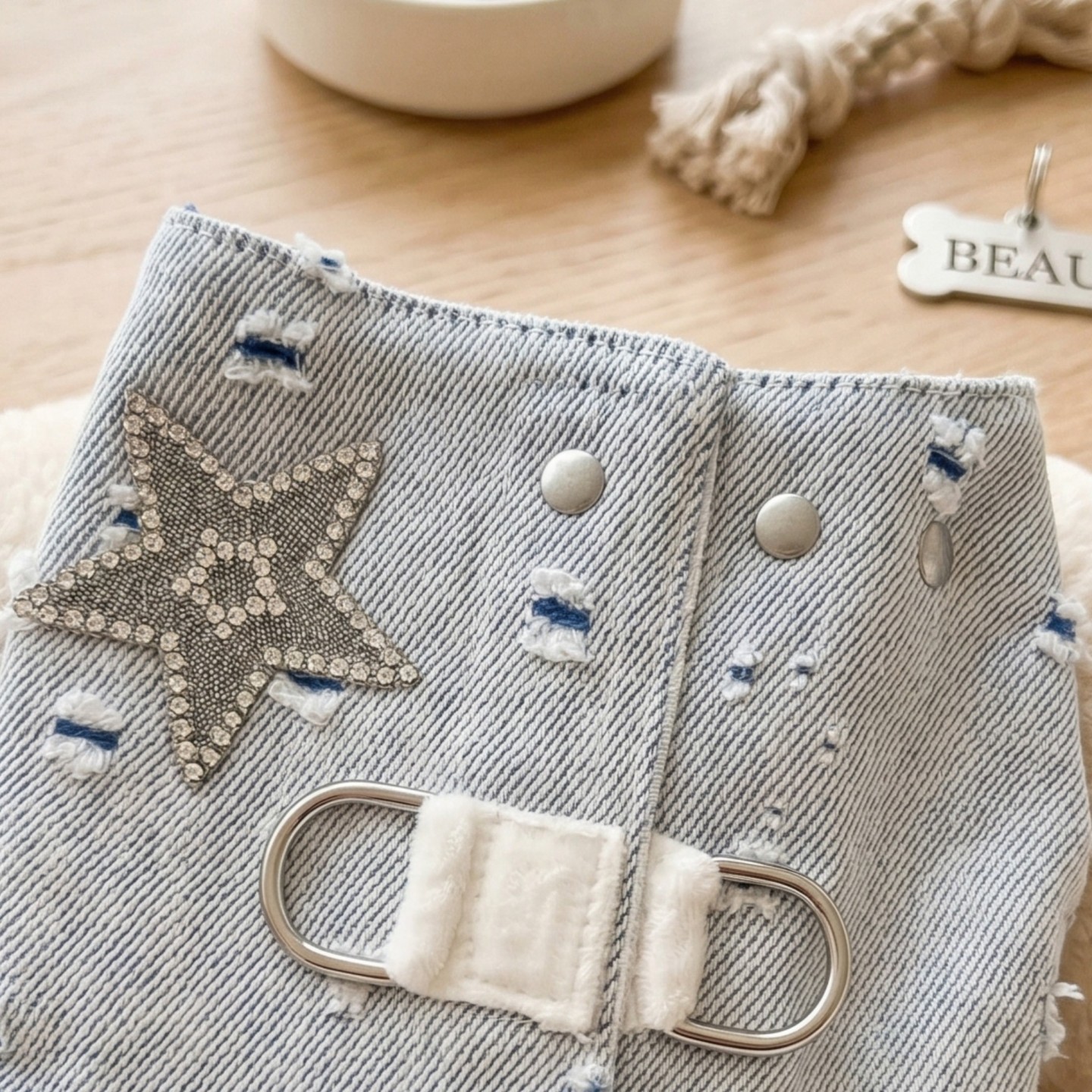 Pettorina Denim Blu Rock Cane | Glitter Borchiette Velcro Argento