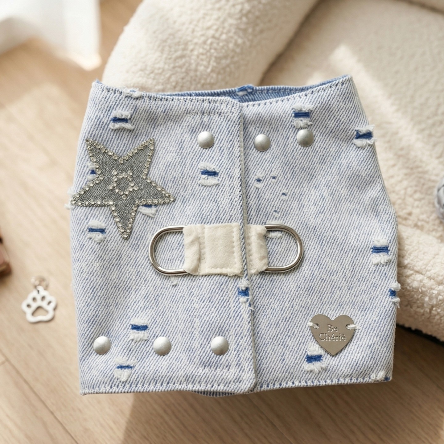 Pettorina Denim Blu Rock Cane | Glitter Borchiette Velcro Argento