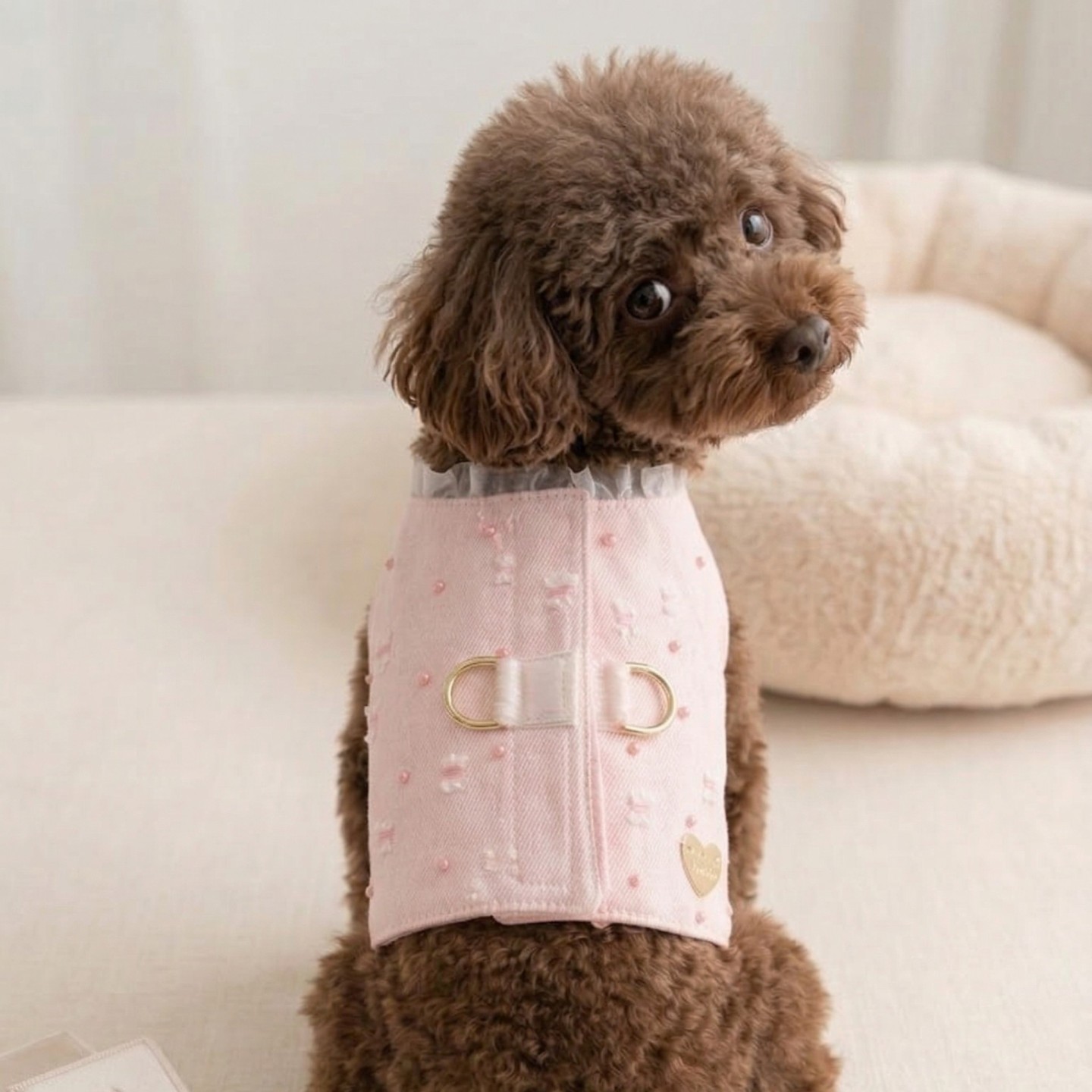 Pettorina Denim Rosa Gilet Cane | Velcro Fiocco Dorati Glitter