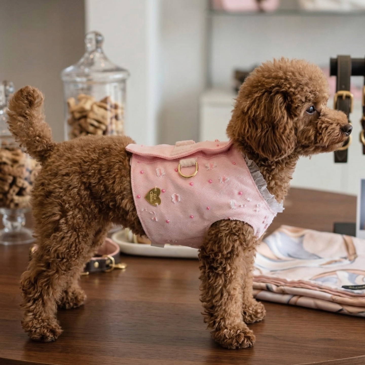 Pettorina Denim Rosa Gilet Cane | Velcro Fiocco Dorati Glitter