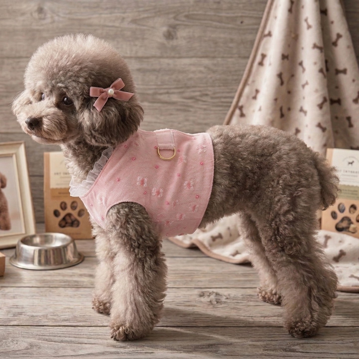 Pettorina Denim Rosa Gilet Cane | Velcro Fiocco Dorati Glitter