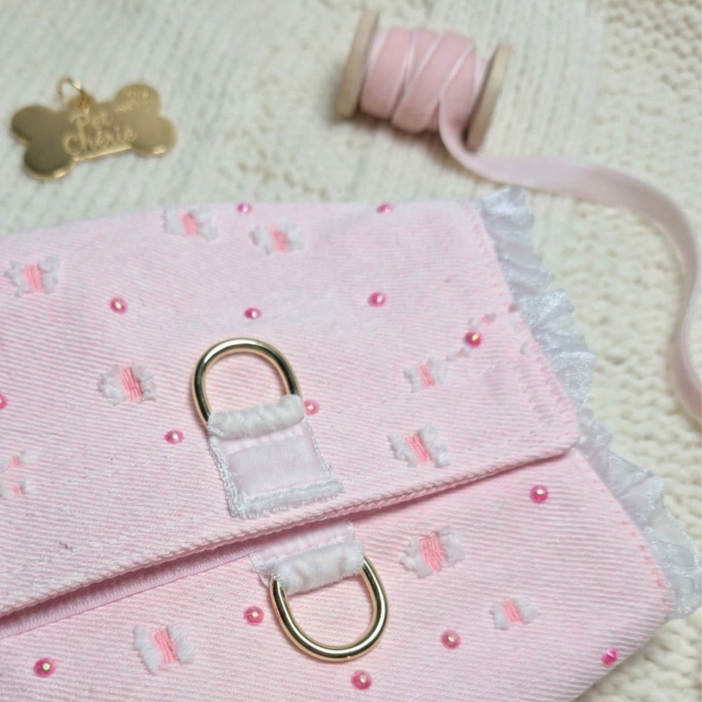 Pettorina Denim Rosa Gilet Cane | Velcro Fiocco Dorati Glitter