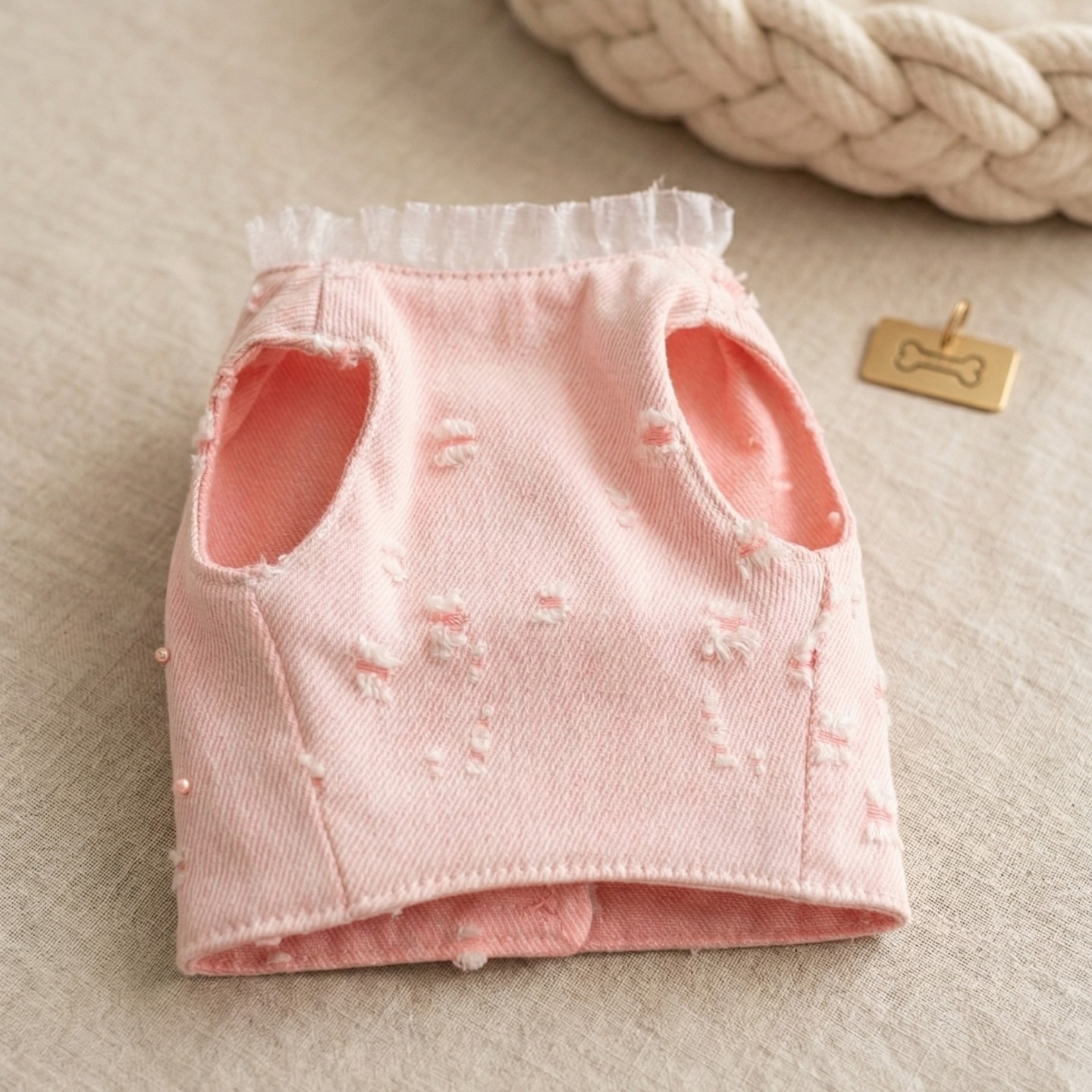 Pettorina Denim Rosa Gilet Cane | Velcro Fiocco Dorati Glitter