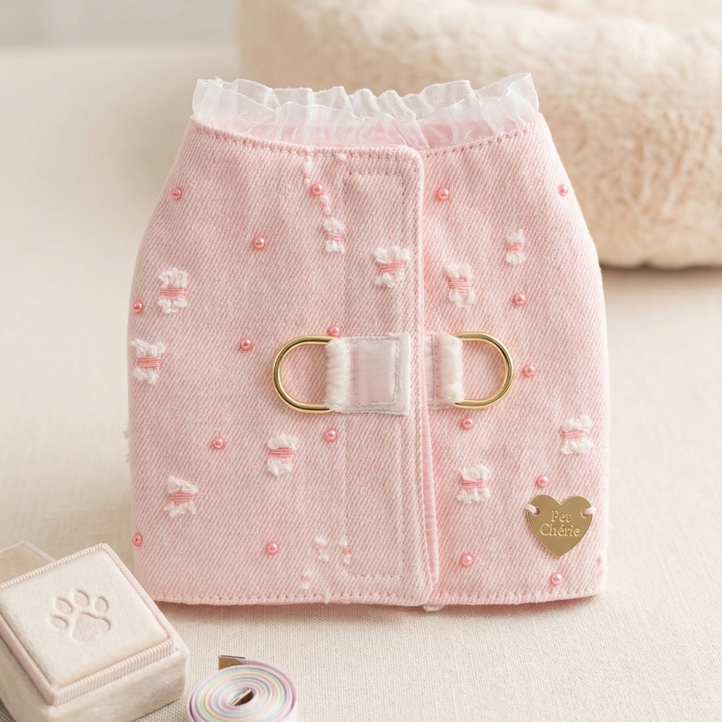 Pettorina Denim Rosa Gilet Cane | Velcro Fiocco Dorati Glitter