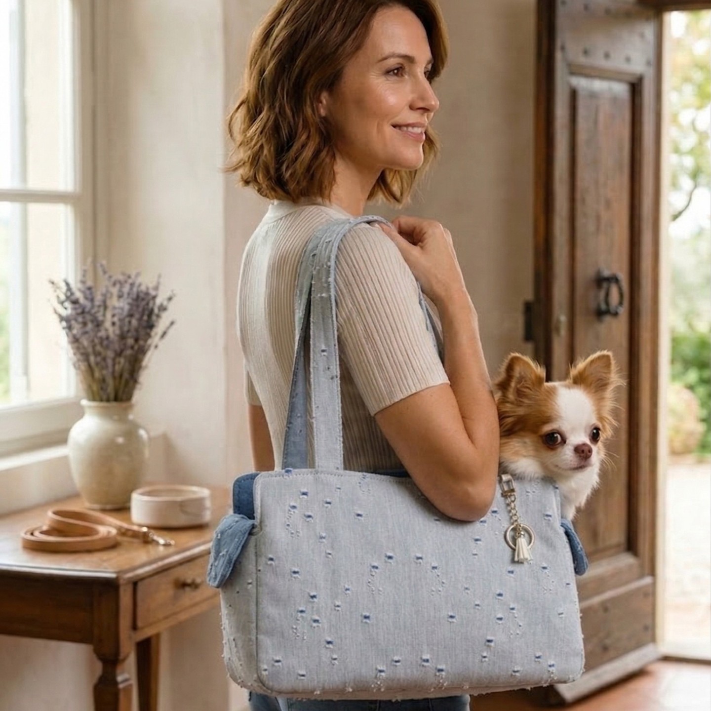 Denim Blue Tote Bag Cane | Trasporto Sicura Cuscino Gancio