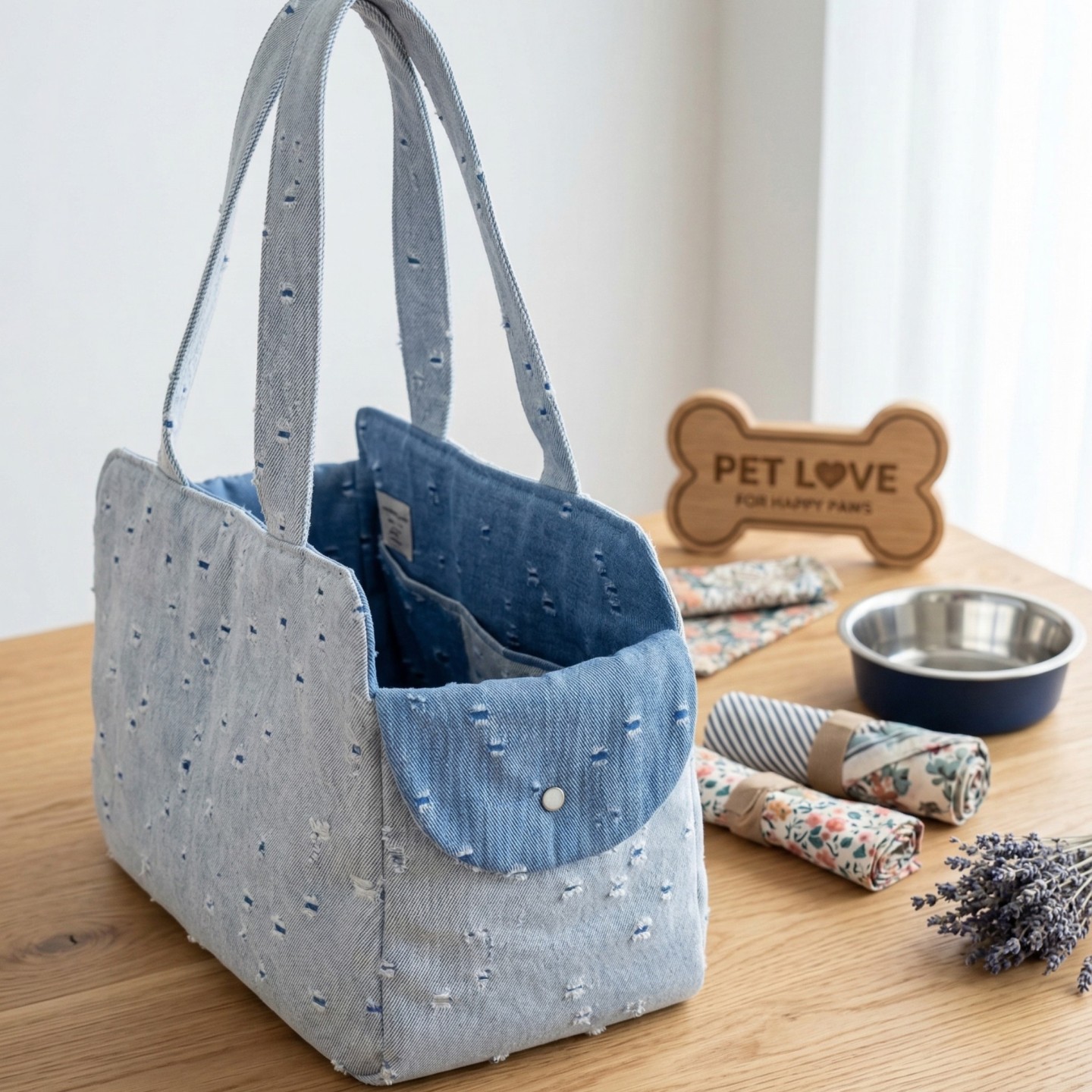 Denim Blue Tote Bag Cane | Trasporto Sicura Cuscino Gancio