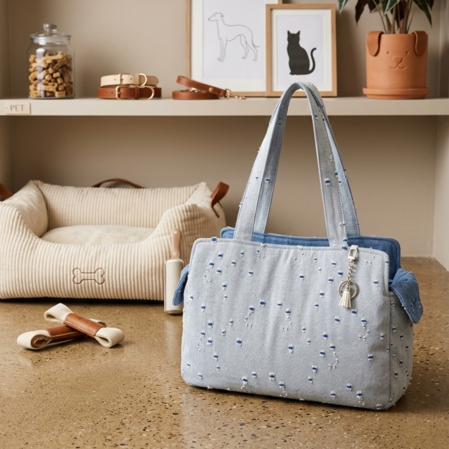 Denim Blue Tote Bag Cane | Trasporto Sicura Cuscino Gancio