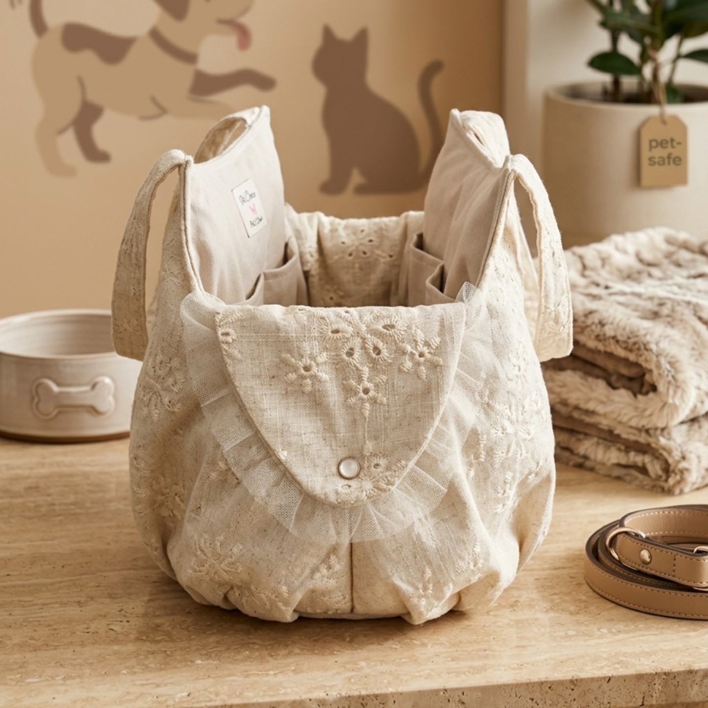 Lilian Linen Bag Cane Ricamata | Trasporto Elegante Gancio