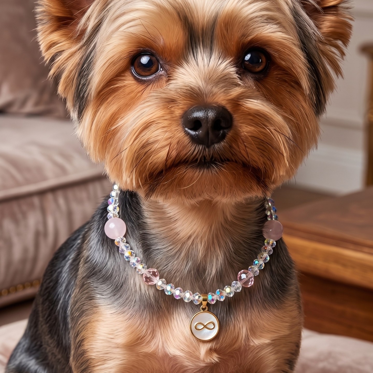 Tiffany Infinity: Collana Cane Luxury con Quarzo Rosa e Infinito | DocleZampa
