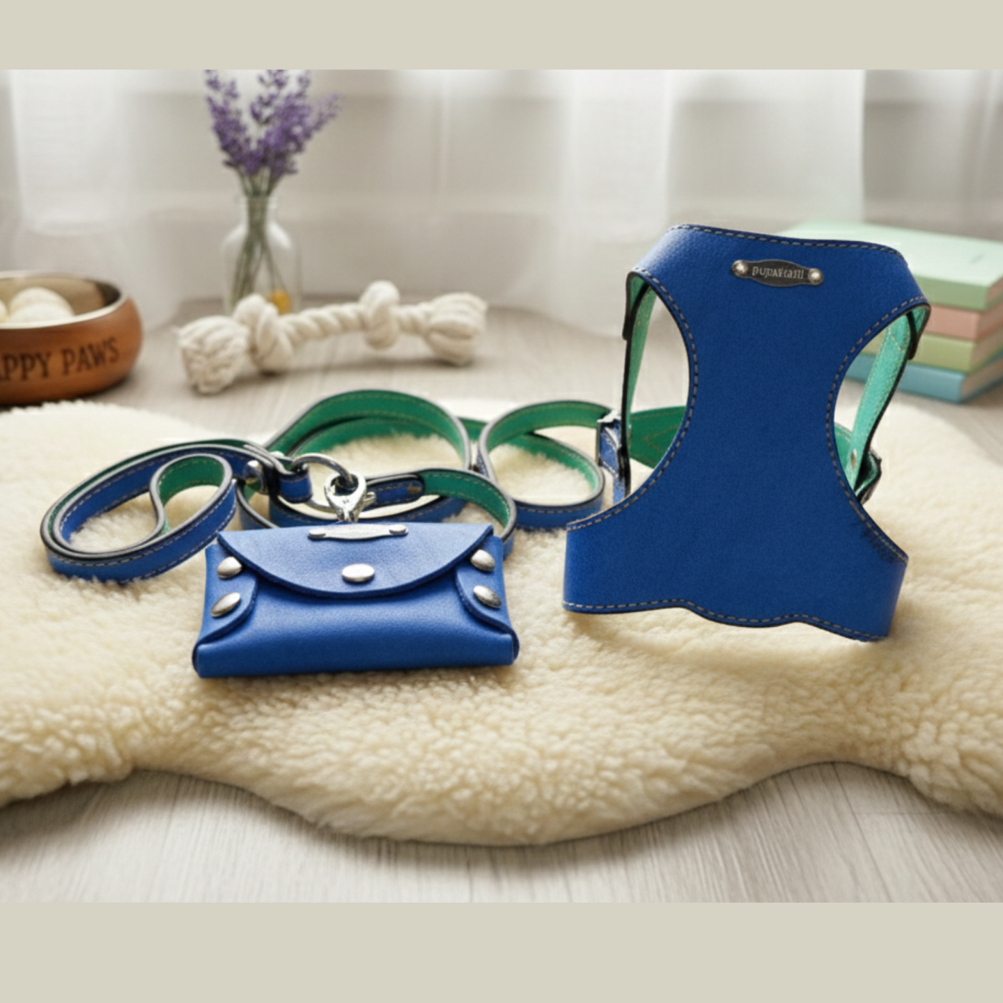 Set Guinzaglio, Pettorina e Porta Sacchetti in Pelle | Artigianale Made in Italy